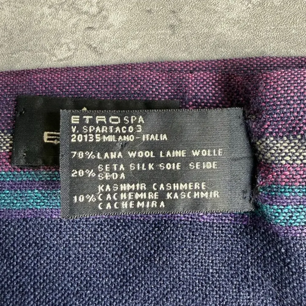 ETRO Italy Striped Scarf Purple Teal Wool Silk Cashmere Fringe Embroidered Logo